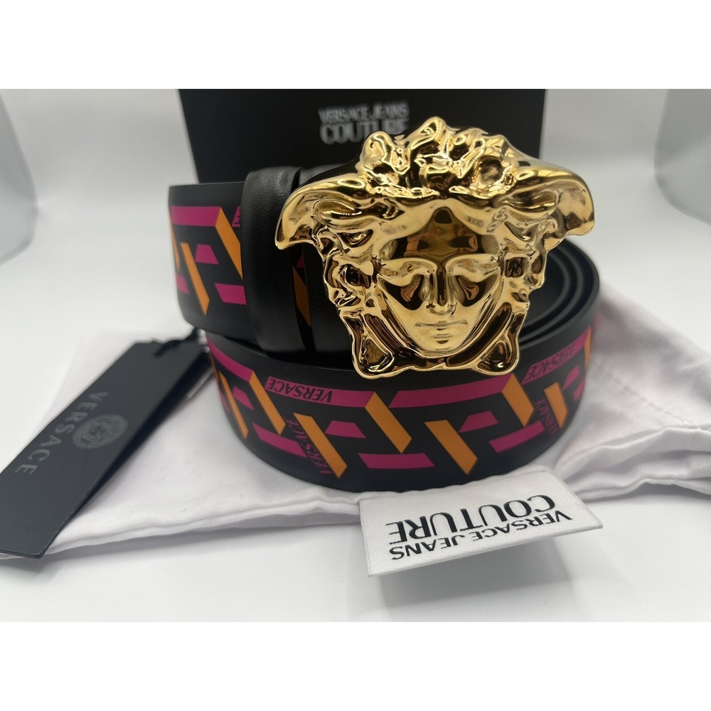 Versace Men's La Medusa La Greca Print Leather Belt Size 105 / US 42 New in BOX